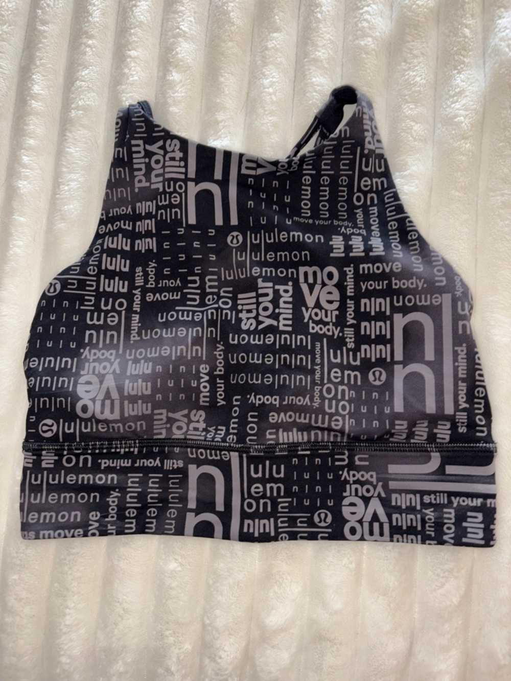 lululemon Black and Gray Logo Print Strappy Sports Bra